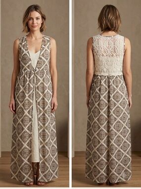 MAVERICK Sleeveless Ivory & Brown Patterned tunic with Lace Back